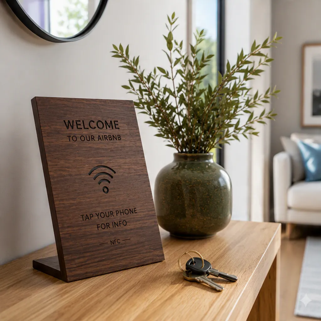Engraved walnut NFC plaque beside the entrance of a holiday rental apartment